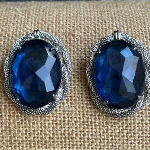 Vintage Carnegie Clip Earrings Blue Faceted Glass Silver Signed Large Oval